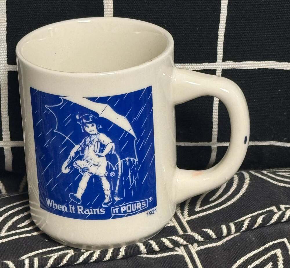 Vintage Morton Salt 'When It Rains It Pours” Advertising Coffee Mug
